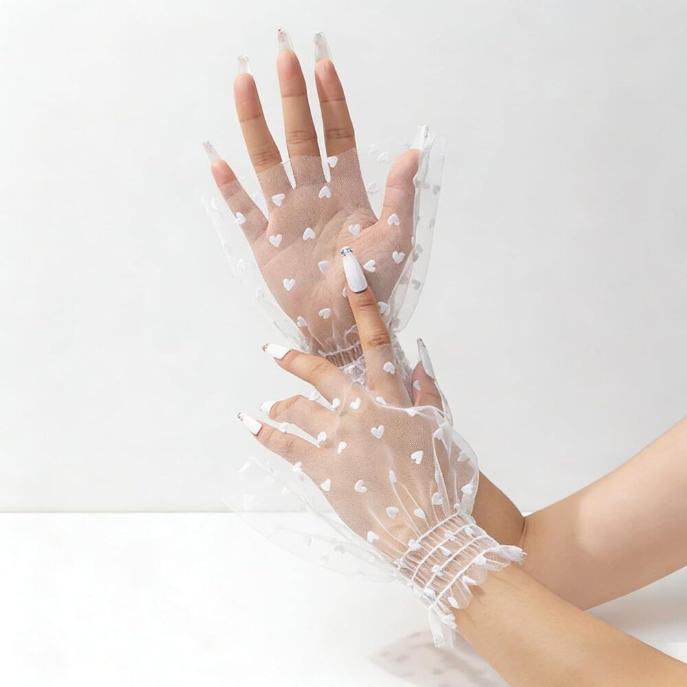 Women's Hand Sleeves Heart Pattern White Bracelet Cuffs Lace Gloves Accessories - Picture 2 of 6